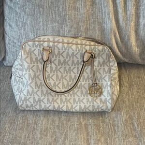 Michael Kors White and Tan Satchel with Gold Hardware